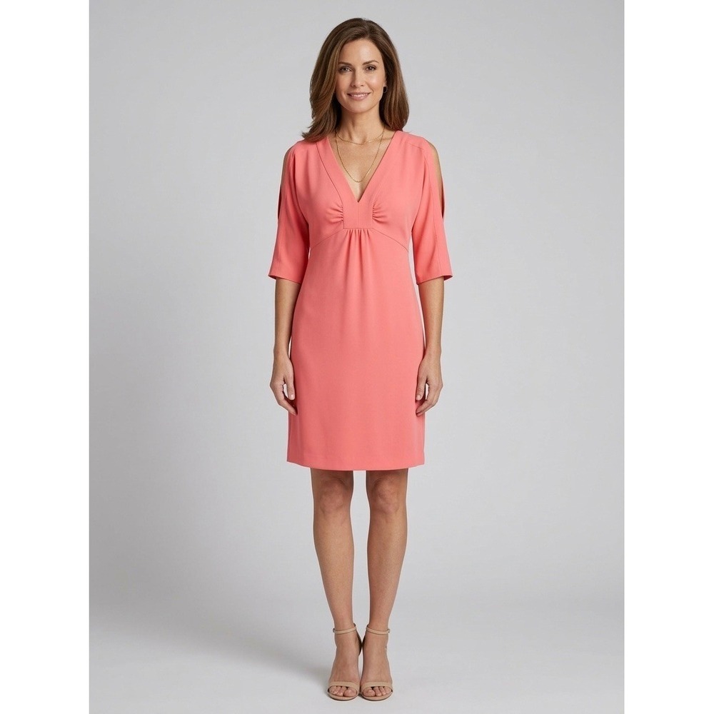 Trina Trina Turk Coral Pink Cold Shoulder V-Neck Sheath Dress Elbow Sleeve
